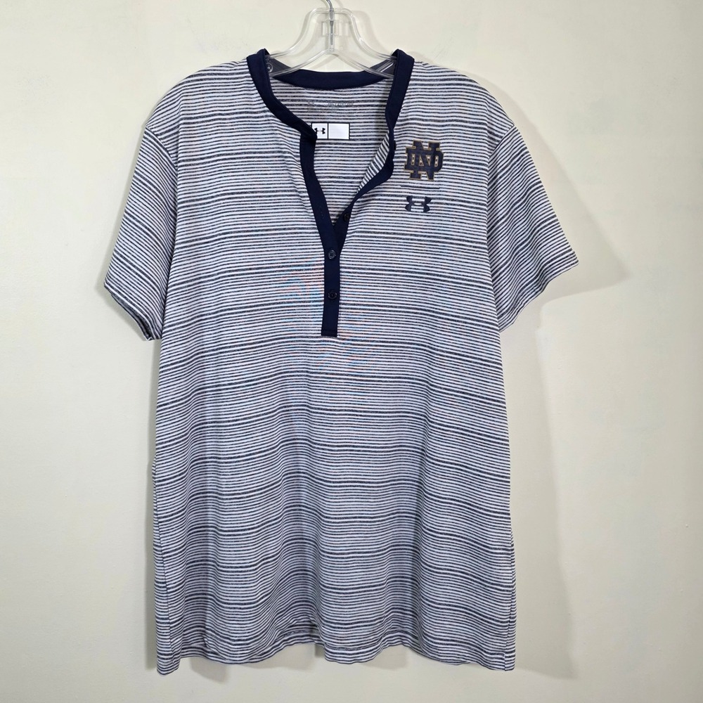 Under Armour Women Shirt Notre‎ Dame Striped Henley HeatGear Blue White Size 2XL